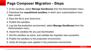 Copyright © 2013, Oracle and/or its affiliates. All rights reserved. Proprietary and Confidential – Distributed to Authorized Customers Subject to Safe Harbor32
Page Composer Migration - Steps
1. In the sandbox, select Manage Sandboxes from the Administration menu.
2. Download the unpublished sandbox in which your customizations have
been saved.
3. Save the file to your local drive.
4. Publish the sandbox.
5. Log into the production environment, select Manage Sandboxes from the
Administration menu.
6. Import the sandbox file you just downloaded.
7. Set this sandbox as active, and validate the migration was successful.
8. Publish the sandbox to the production environment.
9. Verify all changes were applied in the production environment.
 