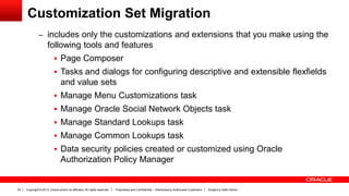 Copyright © 2013, Oracle and/or its affiliates. All rights reserved. Proprietary and Confidential – Distributed to Authorized Customers Subject to Safe Harbor34
Customization Set Migration
– includes only the customizations and extensions that you make using the
following tools and features
 Page Composer
 Tasks and dialogs for configuring descriptive and extensible flexfields
and value sets
 Manage Menu Customizations task
 Manage Oracle Social Network Objects task
 Manage Standard Lookups task
 Manage Common Lookups task
 Data security policies created or customized using Oracle
Authorization Policy Manager
 