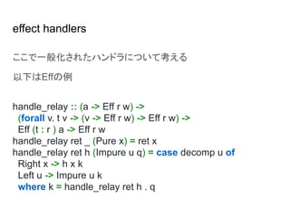 effect handlers
ここで一般化されたハンドラについて考える
以下はEffの例
handle_relay :: (a -> Eff r w) ->
(forall v. t v -> (v -> Eff r w) -> Eff r w) ->
Eff (t : r ) a -> Eff r w
handle_relay ret _ (Pure x) = ret x
handle_relay ret h (Impure u q) = case decomp u of
Right x -> h x k
Left u -> Impure u k
where k = handle_relay ret h . q
 