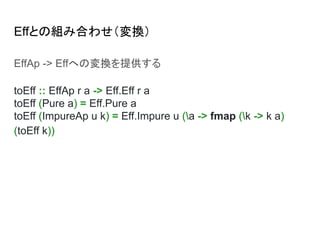 Effとの組み合わせ（変換）
EffAp -> Effへの変換を提供する
toEff :: EffAp r a -> Eff.Eff r a
toEff (Pure a) = Eff.Pure a
toEff (ImpureAp u k) = Eff.Impure u (a -> fmap (k -> k a)
(toEff k))
 