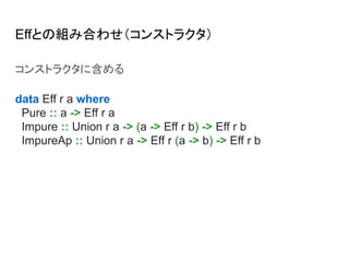 Effとの組み合わせ（コンストラクタ）
コンストラクタに含める
data Eff r a where
Pure :: a -> Eff r a
Impure :: Union r a -> (a -> Eff r b) -> Eff r b
ImpureAp :: Union r a -> Eff r (a -> b) -> Eff r b
 