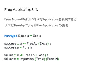 Free Applicativeとは
Free Monadのように様々なApplicativeを表現できる
以下はFreeApによるEither Applicativeの表現
newtype Exc e a = Exc e
success :: a -> FreeAp (Exc e) a
success a = Pure a
failure :: e -> FreeAp (Exc e) a
failure e = ImpureAp (Exc e) (Pure id)
 