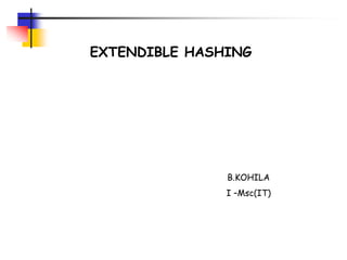 EXTENDIBLE HASHING
B.KOHILA
I –Msc(IT)
 