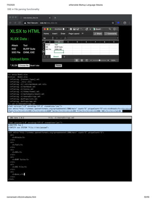 7/5/2020 eXtensible Markup Language Attacks
raviramesh.info/xml-attacks.html 50/59
XXE in File parsing functionality
 