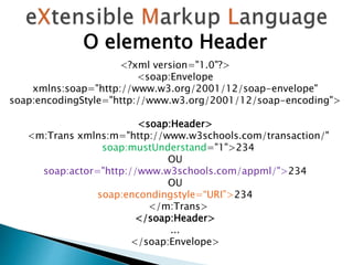 O elemento Header
<?xml version="1.0"?>
<soap:Envelope
xmlns:soap="http://www.w3.org/2001/12/soap-envelope"
soap:encodingStyle="http://www.w3.org/2001/12/soap-encoding">
<soap:Header>
<m:Trans xmlns:m="http://www.w3schools.com/transaction/"
soap:mustUnderstand="1">234
OU
soap:actor="http://www.w3schools.com/appml/">234
OU
soap:encondingstyle=“URI”>234
</m:Trans>
</soap:Header>
...
</soap:Envelope>
 