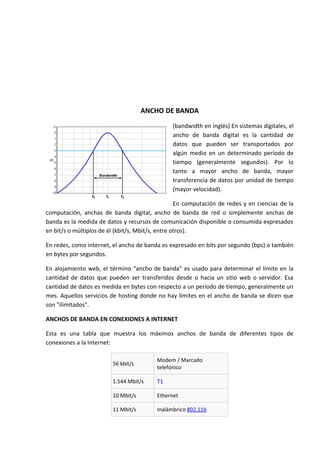 ANCHO DE BANDA
                                                (bandwidth en inglés) En sistemas digitales, el
                                                ancho de banda digital es la cantidad de
                                                datos que pueden ser transportados por
                                                algún medio en un determinado período de
                                                tiempo (generalmente segundos). Por lo
                                                tanto a mayor ancho de banda, mayor
                                                transferencia de datos por unidad de tiempo
                                                (mayor velocidad).

                                                   En computación de redes y en ciencias de la
computación, anchas de banda digital, ancho de banda de red o simplemente anchas de
banda es la medida de datos y recursos de comunicación disponible o consumida expresados
en bit/s o múltiplos de él (kbit/s, Mbit/s, entre otros).

En redes, como internet, el ancho de banda es expresado en bits por segundo (bps) o también
en bytes por segundos.

En alojamiento web, el término "ancho de banda" es usado para determinar el límite en la
cantidad de datos que pueden ser transferidos desde o hacia un sitio web o servidor. Esa
cantidad de datos es medida en bytes con respecto a un período de tiempo, generalmente un
mes. Aquellos servicios de hosting donde no hay límites en el ancho de banda se dicen que
son "ilimitados".

ANCHOS DE BANDA EN CONEXIONES A INTERNET

Esta es una tabla que muestra los máximos anchos de banda de diferentes tipos de
conexiones a la Internet:

                                          Modem / Marcado
                         56 kbit/s
                                          telefónico

                         1.544 Mbit/s     T1

                         10 Mbit/s        Ethernet

                         11 Mbit/s        Inalámbrico 802.11b
 