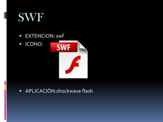 SWF
 EXTENCION: swf
 ICONO:




 APLICACIÓN:shockwave flash
 