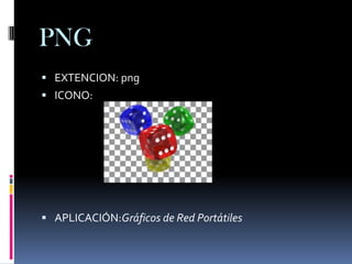 PNG
 EXTENCION: png
 ICONO:




 APLICACIÓN:Gráficos de Red Portátiles
 