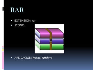 RAR
 EXTENSION: rar
 ICONO:




 APLICACIÓN: Roshal ARchive
 