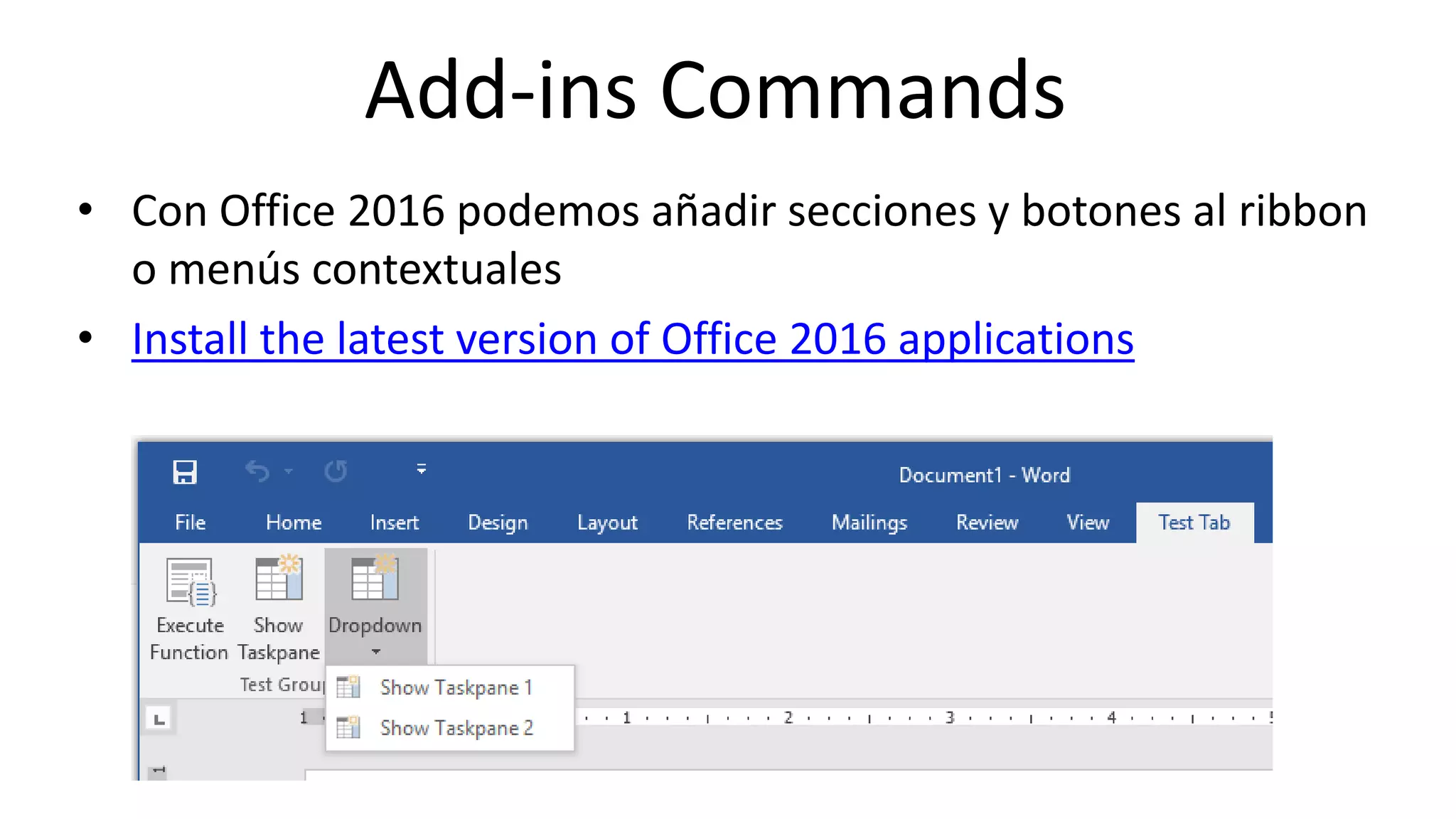 Online Conference
June 17th and 18th 2015
Add-ins Commands
• Con Office 2016 podemos añadir secciones y botones al ribbon
o menús contextuales
• Install the latest version of Office 2016 applications
 