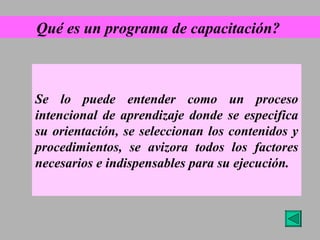 Qué es un programa de capacitación?   Se lo puede entender como un proceso intencional de aprendizaje donde se especifica su orientación, se seleccionan los contenidos y procedimientos, se avizora todos los factores necesarios e indispensables para su ejecución. 