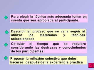 Para elegir la técnica más adecuada tomar en cuenta que sea apropiada al participante . Describir el proceso que se va a seguir al utilizar los materiales y técnicas seleccionadas   Calcular el tiempo que se requiere considerando las destrezas y conocimientos de los participantes   Preparar la reflexión colectiva que debe hacerse  después de la experiencia práctica   