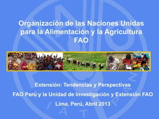 Organización de las Naciones Unidas
  para la Alimentación y la Agricultura
                  FAO




        Extensión: Tendencias y Perspectivas
FAO Peru y la Unidad de Investigación y Extensión FAO
                Lima, Perú, Abril 2013
 