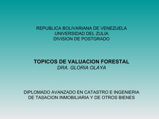 REPUBLICA BOLIVARIANA DE VENEZUELA
UNIVERSIDAD DEL ZULIA
DIVISION DE POSTGRADO
TOPICOS DE VALUACION FORESTAL
DRA. GLORIA OLAYA
DIPLOMADO AVANZADO EN CATASTRO E INGENIERIA
DE TASACION INMOBILIARIA Y DE OTROS BIENES
 