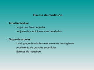 Escala de medición
• Árbol individual
ocupa una área pequeña
conjunto de mediciones mas detalladas
• Grupo de árboles
rodal, grupo de árboles mas o menos homogéneo
cubrimiento de grandes superficies
técnicas de muestreo
 