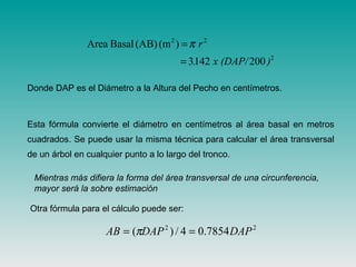 2
22
2001423
)(m(AB)BasalArea
)x (DAP/.
r
=
=π
Mientras más difiera la forma del área transversal de una circunferencia,
mayor será la sobre estimación
Donde DAP es el Diámetro a la Altura del Pecho en centímetros.
Esta fórmula convierte el diámetro en centímetros al área basal en metros
cuadrados. Se puede usar la misma técnica para calcular el área transversal
de un árbol en cualquier punto a lo largo del tronco.
Otra fórmula para el cálculo puede ser:
22
7854.04/)( DAPDAPAB == π
 