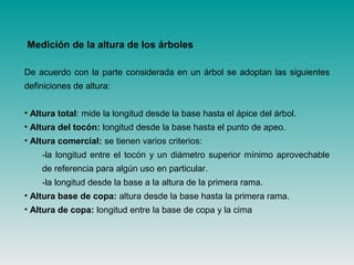 De acuerdo con la parte considerada en un árbol se adoptan las siguientes
definiciones de altura:
• Altura total: mide la longitud desde la base hasta el ápice del árbol.
• Altura del tocón: longitud desde la base hasta el punto de apeo.
• Altura comercial: se tienen varios criterios:
-la longitud entre el tocón y un diámetro superior mínimo aprovechable
de referencia para algún uso en particular.
-la longitud desde la base a la altura de la primera rama.
• Altura base de copa: altura desde la base hasta la primera rama.
• Altura de copa: longitud entre la base de copa y la cima
Medición de la altura de los árboles
 