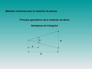 D
b
a H
Métodos indirectos para la medición de alturas
Principio geométrico de la medición de altura
Semejanza de triángulos
 