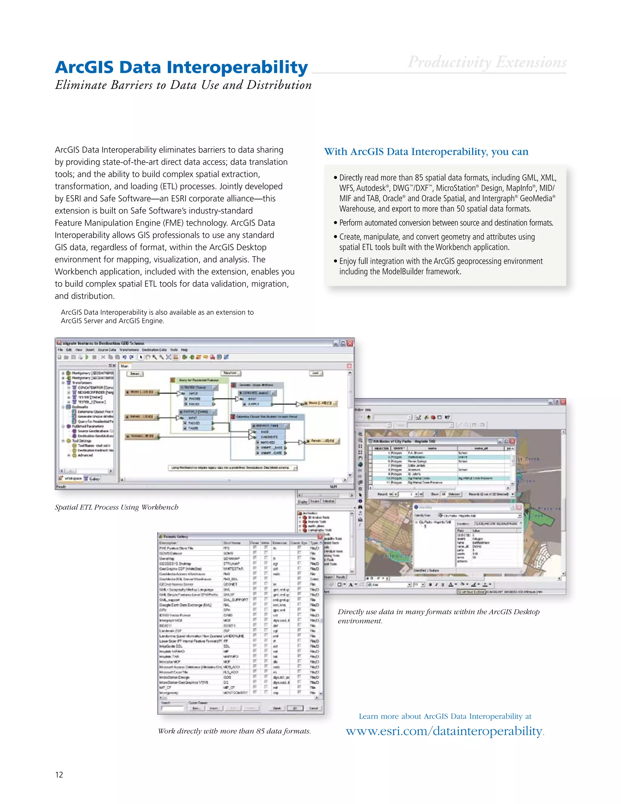 12
ArcGIS Data Interoperability
Eliminate Barriers to Data Use and Distribution
Learn more about ArcGIS Data Interoperability at
www.esri.com/datainteroperability.
ArcGIS Data Interoperability eliminates barriers to data sharing
by providing state-of-the-art direct data access; data translation
tools; and the ability to build complex spatial extraction,
transformation, and loading (ETL) processes. Jointly developed
by ESRI and Safe Software—an ESRI corporate alliance—this
extension is built on Safe Software’s industry-standard
Feature Manipulation Engine (FME) technology. ArcGIS Data
Interoperability allows GIS professionals to use any standard
GIS data, regardless of format, within the ArcGIS Desktop
environment for mapping, visualization, and analysis. The
Workbench application, included with the extension, enables you
to build complex spatial ETL tools for data validation, migration,
and distribution.
•	Directly read more than 85 spatial data formats, including GML, XML,
WFS,Autodesk®
, DWG™
/DXF™
, MicroStation®
Design, MapInfo®
, MID/
MIF and TAB, Oracle®
and Oracle Spatial, and Intergraph®
GeoMedia®
Warehouse, and export to more than 50 spatial data formats.
•	Perform automated conversion between source and destination formats.
•	Create, manipulate, and convert geometry and attributes using
spatial ETL tools built with the Workbench application.
•	Enjoy full integration with the ArcGIS geoprocessing environment
including the ModelBuilder framework.
With ArcGIS Data Interoperability, you can
Productivity Extensions
Spatial ETL Process Using Workbench
Directly use data in many formats within the ArcGIS Desktop
environment.
Work directly with more than 85 data formats.
	 ArcGIS Data Interoperability is also available as an extension to
ArcGIS Server and ArcGIS Engine.
 