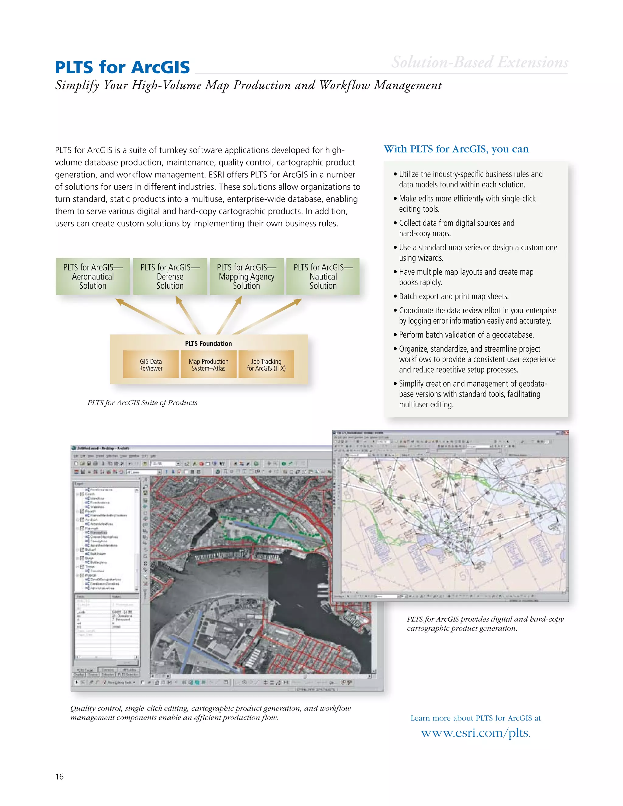 16
PLTS for ArcGIS
Simplify Your High-Volume Map Production and Workflow Management
•	Utilize the industry-specific business rules and
data models found within each solution.
•	Make edits more efficiently with single-click
editing tools.
•	Collect data from digital sources and
hard-copy maps.
•	Use a standard map series or design a custom one
using wizards.
•	Have multiple map layouts and create map
books rapidly.
•	Batch export and print map sheets.
•	Coordinate the data review effort in your enterprise
by logging error information easily and accurately.
•	Perform batch validation of a geodatabase.
•	Organize, standardize, and streamline project
workflows to provide a consistent user experience
and reduce repetitive setup processes.
•	Simplify creation and management of geodata-
base versions with standard tools, facilitating
multiuser editing.
PLTS for ArcGIS is a suite of turnkey software applications developed for high-
volume database production, maintenance, quality control, cartographic product
generation, and workflow management. ESRI offers PLTS for ArcGIS in a number
of solutions for users in different industries. These solutions allow organizations to
turn standard, static products into a multiuse, enterprise-wide database, enabling
them to serve various digital and hard-copy cartographic products. In addition,
users can create custom solutions by implementing their own business rules.
Learn more about PLTS for ArcGIS at
www.esri.com/plts.
With PLTS for ArcGIS, you can
Solution-Based Extensions
PLTS for ArcGIS provides digital and hard-copy
cartographic product generation.
GIS Data
ReViewer
Map Production
System–Atlas
Job Tracking
for ArcGIS (JTX)
PLTS Foundation
PLTS for ArcGIS—
Aeronautical
Solution
PLTS for ArcGIS—
Defense
Solution
PLTS for ArcGIS—
Mapping Agency
Solution
PLTS for ArcGIS—
Nautical
Solution
PLTS for ArcGIS Suite of Products
Quality control, single-click editing, cartographic product generation, and workflow
management components enable an efficient production flow.
 