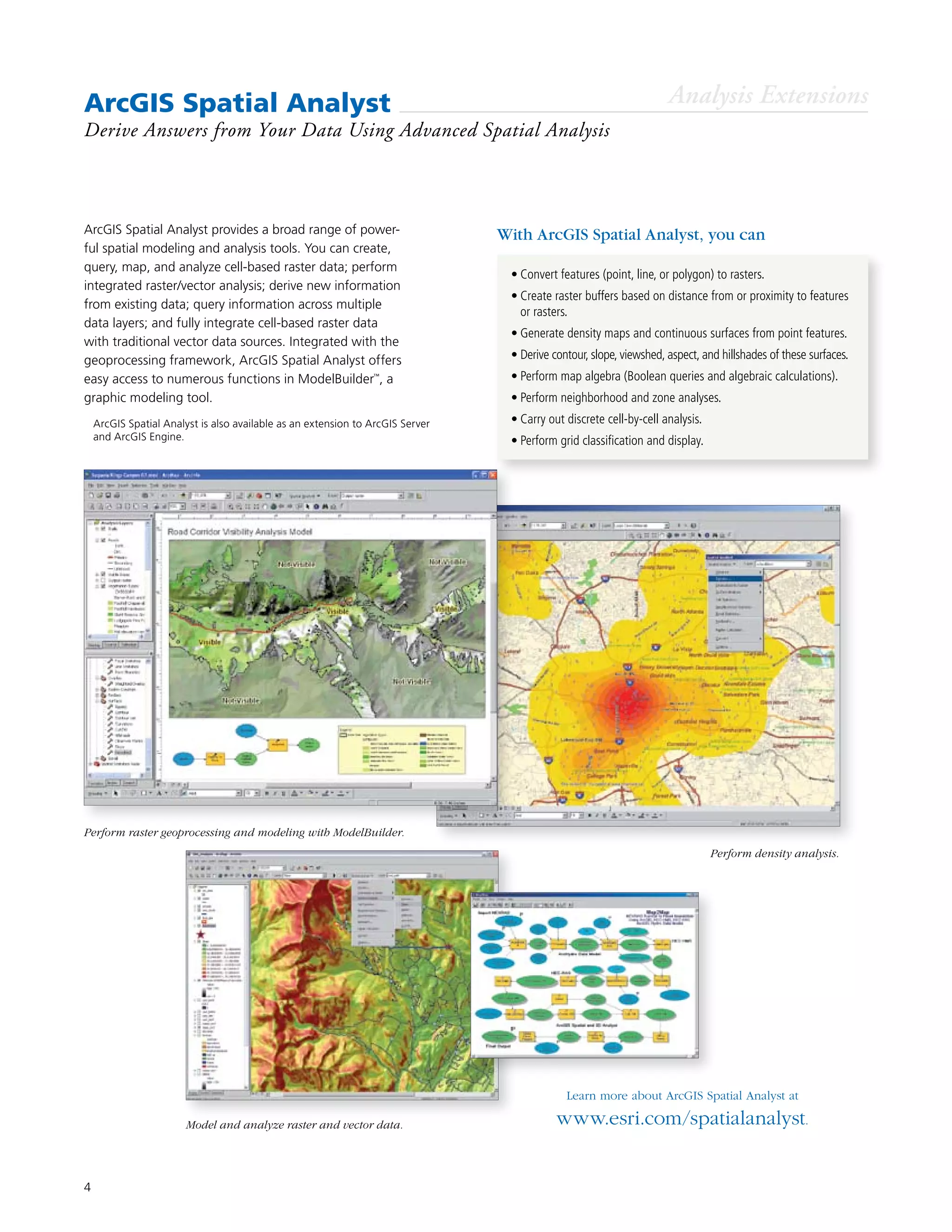 4
ArcGIS Spatial Analyst provides a broad range of power-
ful spatial modeling and analysis tools. You can create,
query, map, and analyze cell-based raster data; perform
integrated raster/vector analysis; derive new information
from existing data; query information across multiple
data layers; and fully integrate cell-based raster data
with traditional vector data sources. Integrated with the
geoprocessing framework, ArcGIS Spatial Analyst offers
easy access to numerous functions in ModelBuilder™
, a
graphic modeling tool.
ArcGIS Spatial Analyst
Derive Answers from Your Data Using Advanced Spatial Analysis
With ArcGIS Spatial Analyst, you can
Learn more about ArcGIS Spatial Analyst at
www.esri.com/spatialanalyst.
•	Convert features (point, line, or polygon) to rasters.
•	Create raster buffers based on distance from or proximity to features
or rasters.
•	Generate density maps and continuous surfaces from point features.
•	Derive contour, slope, viewshed, aspect, and hillshades of these surfaces.
•	Perform map algebra (Boolean queries and algebraic calculations).
•	Perform neighborhood and zone analyses.
•	Carry out discrete cell-by-cell analysis.
•	Perform grid classification and display.
Analysis Extensions
Perform density analysis.
Model and analyze raster and vector data.
Perform raster geoprocessing and modeling with ModelBuilder.
	 ArcGIS Spatial Analyst is also available as an extension to ArcGIS Server
and ArcGIS Engine.
 