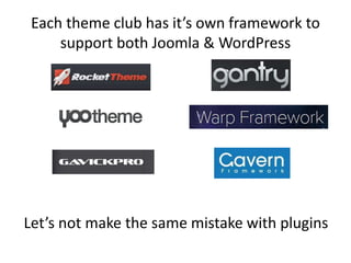 Each theme club has it’s own framework to 
support both Joomla & WordPress 
Let’s not make the same mistake with plugins 
 
