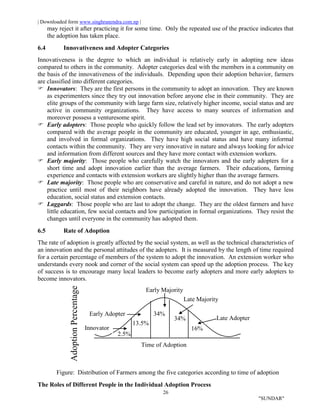 | Downloaded form www.singhranendra.com.np |
26
"SUNDAR"
may reject it after practicing it for some time. Only the repeated use of the practice indicates that
the adoption has taken place.
6.4 Innovativeness and Adopter Categories
Innovativeness is the degree to which an individual is relatively early in adopting new ideas
compared to others in the community. Adopter categories deal with the members in a community on
the basis of the innovativeness of the individuals. Depending upon their adoption behavior, farmers
are classified into different categories.
Innovators: They are the first persons in the community to adopt an innovation. They are known
as experimenters since they try out innovation before anyone else in their community. They are
elite groups of the community with large farm size, relatively higher income, social status and are
active in community organizations. They have access to many sources of information and
moreover possess a venturesome spirit.
Early adopters: Those people who quickly follow the lead set by innovators. The early adopters
compared with the average people in the community are educated, younger in age, enthusiastic,
and involved in formal organizations. They have high social status and have many informal
contacts within the community. They are very innovative in nature and always looking for advice
and information from different sources and they have more contact with extension workers.
Early majority: Those people who carefully watch the innovators and the early adopters for a
short time and adopt innovation earlier than the average farmers. Their educations, farming
experience and contacts with extension workers are slightly higher than the average farmers.
 Late majority: Those people who are conservative and careful in nature, and do not adopt a new
practice until most of their neighbors have already adopted the innovation. They have less
education, social status and extension contacts.
 Laggards: Those people who are last to adopt the change. They are the oldest farmers and have
little education, few social contacts and low participation in formal organizations. They resist the
changes until everyone in the community has adopted them.
6.5 Rate of Adoption
The rate of adoption is greatly affected by the social system, as well as the technical characteristics of
an innovation and the personal attitudes of the adopters. It is measured by the length of time required
for a certain percentage of members of the system to adopt the innovation. An extension worker who
understands every nook and corner of the social system can speed up the adoption process. The key
of success is to encourage many local leaders to become early adopters and more early adopters to
become innovators.
Figure: Distribution of Farmers among the five categories according to time of adoption
The Roles of Different People in the Individual Adoption Process
Early Adopter
Late Majority
Innovator
Late Adopter
Early Majority
2.5%
13.5%
34%
34%
16%
Time of Adoption
 