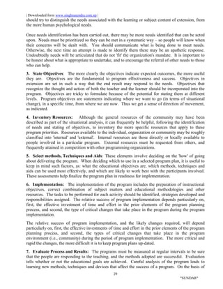 | Downloaded form www.singhranendra.com.np |
29
"SUNDAR"
should try to distinguish the needs associated with the learning or subject content of extension, from
the more human psychological needs.
Once needs identification has been carried out, there may be more needs identified that can be acted
upon. Needs must be prioritized so they can be met in a systematic way – so people will know when
their concerns will be dealt with. You should communicate what is being done to meet needs.
Otherwise, the next time an attempt is made to identify them there may be an apathetic response.
Undoubtedly needs will be articulated that do not 'fit' the organization's mandate. It is important to
be honest about what is appropriate to undertake, and to encourage the referral of other needs to those
who can help.
3. State Objectives: The more clearly the objectives indicate expected outcomes, the more useful
they are. Objectives are the fundamental to program effectiveness and success. Objectives in
extension are set in such a way that the end result may respond to the needs. Objectives that
recognize the thought and action of both the teacher and the learner should be incorporated into the
program. Objectives are tricky to formulate because of the potential for stating them at different
levels. Program objectives are statements indicating where we want to go (in terms of situational
change), in a specific time, from where we are now. Thus we get a sense of direction of movement,
as indicated.
4. Inventory Resources: Although the general resources of the community may have been
described as part of the situational analysis, it can frequently be helpful, following the identification
of needs and stating of objectives, to inventory the more specific resources that apply to these
program priorities. Resources available to the individual, organization or community may be roughly
classified into 'internal' and 'external'. Internal resources are those directly or locally available to
people involved in a particular program. External resources must be requested from others, and
frequently attained in competition with other programming organizations.
5. Select methods, Techniques and Aids: These elements involve deciding on the 'how' of going
about delivering the program. When deciding which to use in a selected program plan, it is useful to
keep in mind such factors, as: what the educational objectives are, which methods, techniques and
aids can be used most effectively, and which are likely to work best with the participants involved.
These assessments help finalize the program plan in readiness for implementation.
6. Implementation: The implementation of the program includes the preparation of instructional
objectives, correct combination of subject matters and educational methodologies and other
resources. The tasks to be performed for each activity should be identified, strategies developed and
responsibilities assigned. The relative success of program implementation depends particularly on,
first, the effective investment of time and effort in the prior elements of the program planning
process, and second, the type of critical changes that take place in the program during the program
implementation.
The relative success of program implementation, and the likely changes required, will depend
particularly on, first, the effective investments of time and effort in the prior elements of the program
planning process, and second, the types of critical changes that take place in the program
environment (i.e., community) during the period of program implementation. The more critical and
rapid the changes, the more difficult it is to keep program plans up-dated.
7. Evaluate Process and Results: The programs must be measured at regular intervals to be sure
that the people are responding to the teaching, and the methods adopted are successful. Evaluation
tells whether or not the educational goals are achieved. Careful analysis of the program leads to
learning new methods, techniques and devices that affect the success of a program. On the basis of
 