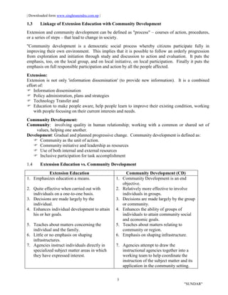 | Downloaded form www.singhranendra.com.np |
3
"SUNDAR"
1.3 Linkage of Extension Education with Community Development
Extension and community development can be defined as "process" – courses of action, procedures,
or a series of steps – that lead to change in society.
"Community development is a democratic social process whereby citizens participate fully in
improving their own environment. This implies that it is possible to follow an orderly progression
from exploration and initiation through study and discussion to action and evaluation. It puts the
emphasis, too, on the local group, and on local initiative, on local participation. Finally it puts the
emphasis on full responsible participation and action by all the people affected.
Extension:
Extension is not only 'information dissemination' (to provide new information). It is a combined
effort of:
Information dissemination
Policy administration, plans and strategies
Technology Transfer and
Education to make people aware, help people learn to improve their existing condition, working
with people focusing on their current interests and needs.
Community Development:
Community: involving quality in human relationship; working with a common or shared set of
values, helping one another.
Development: Gradual and planned progressive change. Community development is defined as:
Community as the unit of action.
Community initiative and leadership as resources
Use of both internal and external resources
Inclusive participation for task accomplishment
1.4 Extension Education vs. Community Development
Extension Education Community Development (CD)
1. Emphasizes education a means.
2. Quite effective when carried out with
individuals on a one-to-one basis.
3. Decisions are made largely by the
individual.
4. Enhances individual development to attain
his or her goals.
5. Teaches about matters concerning the
individual and the family.
6. Little or no emphasis on shaping
infrastructures.
7. Agencies instruct individuals directly in
specialized subject matter areas in which
they have expressed interest.
1. Community Development is an end
objective.
2. Relatively more effective to involve
individuals in groups.
3. Decisions are made largely by the group
or community.
4. Enhances the ability of groups of
individuals to attain community social
and economic goals.
5. Teaches about matters relating to
community or region.
6. Emphasis on shaping infrastructure.
7. Agencies attempt to draw the
instructional agencies together into a
working team to help coordinate the
instruction of the subject matter and its
application in the community setting.
 
