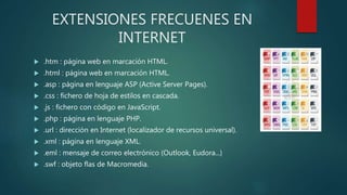 EXTENSIONES FRECUENES EN
INTERNET
 .htm : página web en marcación HTML.
 .html : página web en marcación HTML.
 .asp : página en lenguaje ASP (Active Server Pages).
 .css : fichero de hoja de estilos en cascada.
 .js : fichero con código en JavaScript.
 .php : página en lenguaje PHP.
 .url : dirección en Internet (localizador de recursos universal).
 .xml : página en lenguaje XML.
 .eml : mensaje de correo electrónico (Outlook, Eudora...)
 .swf : objeto flas de Macromedia.
 