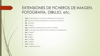 EXTENSIONES DE FICHEROS DE IMAGEN,
FOTOGRAFIA, DIBUJO, etc.
 .bmp : mapa de bits, con buena calidad pero mucho peso.
 .g...