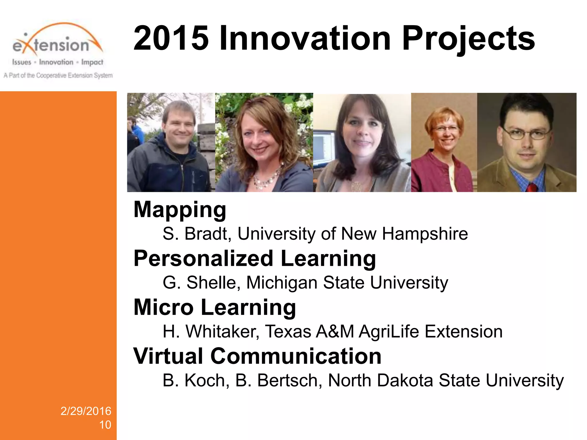 2015 Innovation Projects
2/29/2016
10
Mapping
S. Bradt, University of New Hampshire
Personalized Learning
G. Shelle, Michigan State University
Micro Learning
H. Whitaker, Texas A&M AgriLife Extension
Virtual Communication
B. Koch, B. Bertsch, North Dakota State University
 