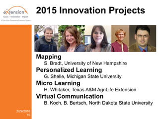 2015 Innovation Projects
2/29/2016
10
Mapping
S. Bradt, University of New Hampshire
Personalized Learning
G. Shelle, Michigan State University
Micro Learning
H. Whitaker, Texas A&M AgriLife Extension
Virtual Communication
B. Koch, B. Bertsch, North Dakota State University
 