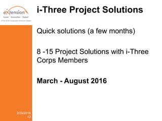 i-Three Project Solutions
Quick solutions (a few months)
8 -15 Project Solutions with i-Three
Corps Members
March - August 2016
2/29/2016
12
 