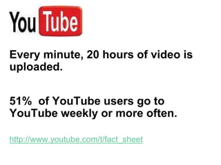 YouTube
Every minute, 20 hours of video is
uploaded.
51% of YouTube users go to
YouTube weekly or more often.
http://www.youtube.com/t/fact_sheet
 