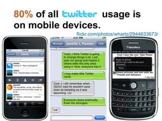 80% of all usage is
on mobile devices.
flickr.com/photos/whartz/2944633673/
 