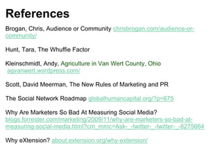 References
Brogan, Chris, Audience or Community chrisbrogan.com/audience-or-
community/
Hunt, Tara, The Whuffie Factor
Kleinschmidt, Andy, Agriculture in Van Wert County, Ohio
agvanwert.wordpress.com/
Scott, David Meerman, The New Rules of Marketing and PR
The Social Network Roadmap globalhumancapital.org/?p=675
Why Are Marketers So Bad At Measuring Social Media?
blogs.forrester.com/marketing/2009/11/why-are-marketers-so-bad-at-
measuring-social-media.html?cm_mmc=Ask-_-twitter-_-twitter-_-8275664
Why eXtension? about.extension.org/why-extension/
 