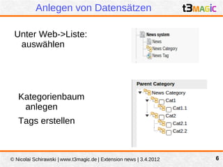 Anlegen von Datensätzen

 Unter Web->Liste:
  auswählen




   Kategorienbaum
    anlegen
   Tags erstellen



© Nicolai Schirawski | www.t3magic.de | Extension news | 3.4.2012   6
 