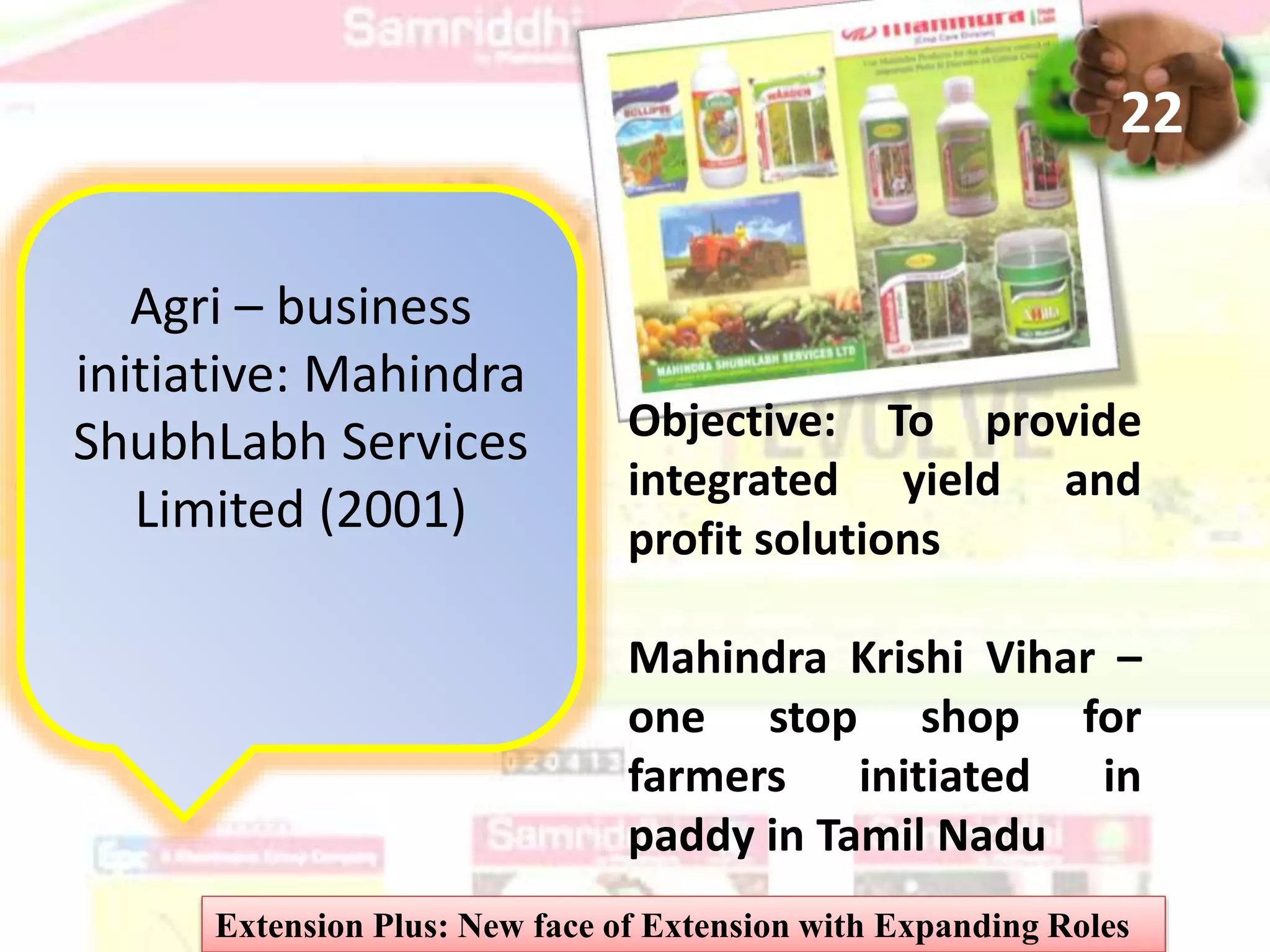 Agri – business
initiative: Mahindra
ShubhLabh Services
Limited (2001)
Objective: To provide
integrated yield and
profit solutions
Mahindra Krishi Vihar –
one stop shop for
farmers initiated in
paddy in Tamil Nadu
Extension Plus: New face of Extension with Expanding Roles
22
 