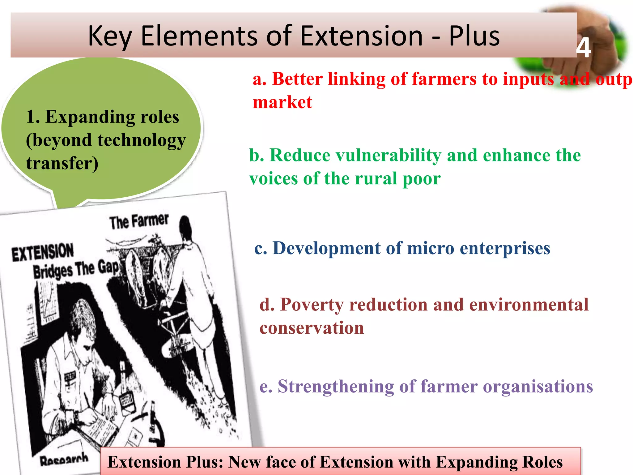 Key Elements of Extension - Plus
1. Expanding roles
(beyond technology
transfer)
a. Better linking of farmers to inputs and outpu
market
b. Reduce vulnerability and enhance the
voices of the rural poor
c. Development of micro enterprises
d. Poverty reduction and environmental
conservation
e. Strengthening of farmer organisations
Extension Plus: New face of Extension with Expanding Roles
4
 