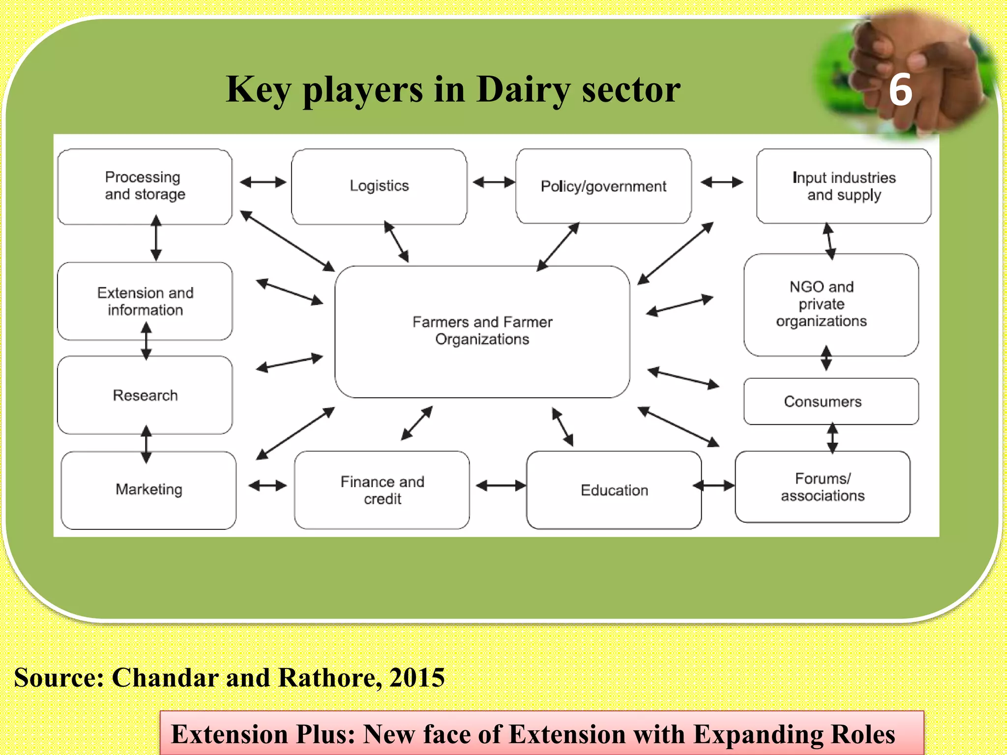 Source: Chandar and Rathore, 2015
Key players in Dairy sector
Extension Plus: New face of Extension with Expanding Roles
6
 