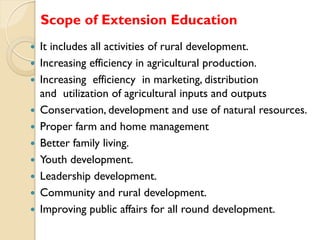Scope of Extension Education











It includes all activities of rural development.
Increasing efficiency i...