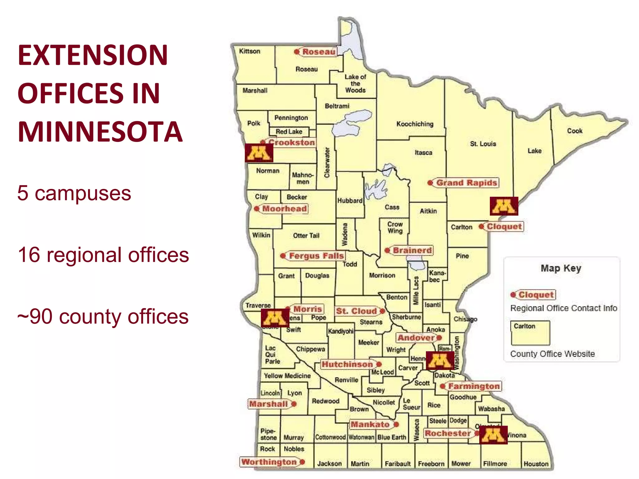 EXTENSION OFFICES IN MINNESOTA 5 campuses 16 regional offices ~90 county offices 
