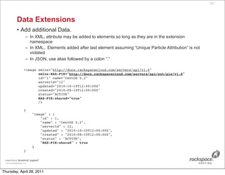 29




        Data Extensions
        • Add additional Data.
             – In XML, attribute may be added to elements so long as they are in the extension
               namespace
             – In XML, Elements added after last element assuming “Unique Particle Attribution” is not
               violated
             – In JSON, use alias followed by a colon “:”

            <image xmlns="http://docs.rackspacecloud.com/servers/api/v1.0"
                   xmlns:RAX-PIE="http://docs.rackspacecloud.com/servers/api/ext/pie/v1.0"
                   id="1" name="CentOS 5.2"
                   serverId="12"
                   updated="2010-10-10T12:00:00Z"
                   created="2010-08-10T12:00:00Z"
                   status="ACTIVE"
                   RAX-PIE:shared="true"
                   />

            {
                 "image" : {
                     "id" : 1,
                     "name" : "CentOS 5.2",
                     "serverId" : 12,
                     "updated" : "2010-10-10T12:00:00Z",
                     "created" : "2010-08-10T12:00:00Z",
                     "status" : "ACTIVE",
                     "RAX-PIE:shared" : true
                 }
            }




Thursday, April 28, 2011
 